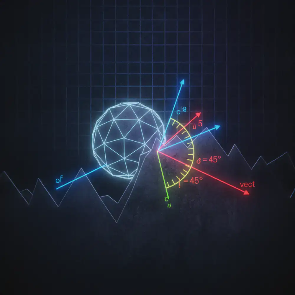 Gráfico técnico que muestra los vectores y ángulos de la mecánica de rebote en el juego
