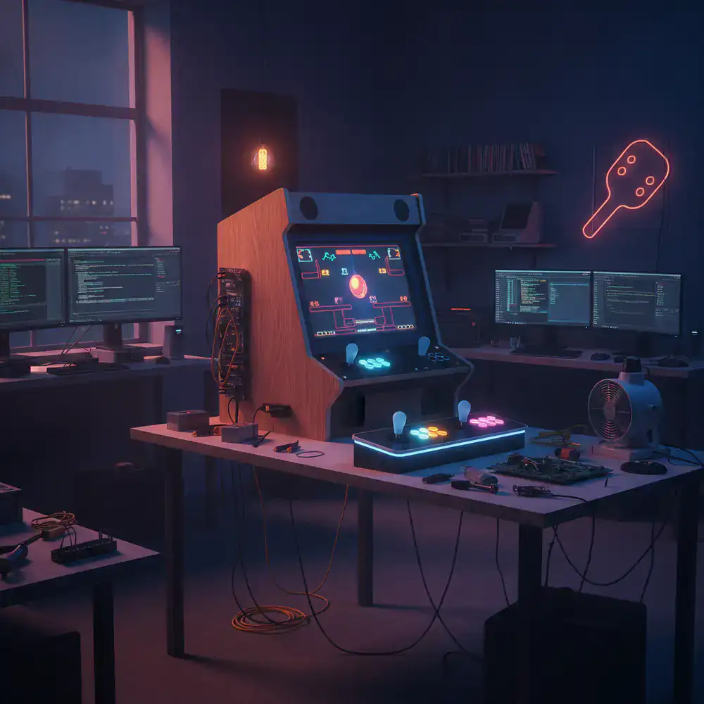 Estación de trabajo y pruebas en PaddleMini Studio mostrando el prototipo del juego arcade