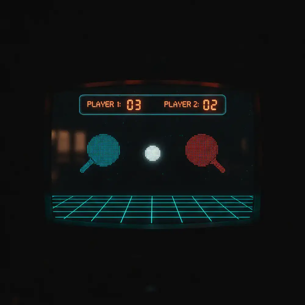 Interfaz del juego de ping-pong mostrando la pelota, la raqueta, el marcador retro y la zona de juego iluminada