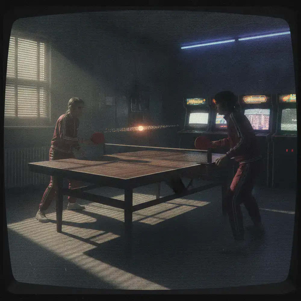 Composición visual mostrando la estética retro del ping-pong con filtros CRT